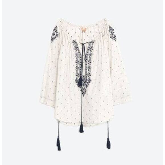 Zara Basic Boho Tunic Top Blouse Oatmeal Navy Blue Embroider Tassel Bib XS - Picture 8 of 8